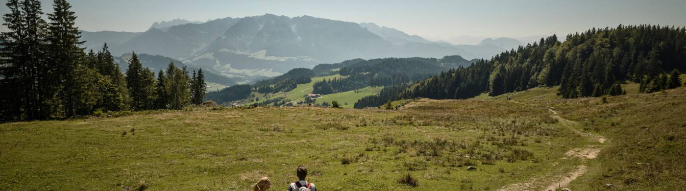 Wanderer auf Wanderweg mit Blick auf die Tiroler Alpen
