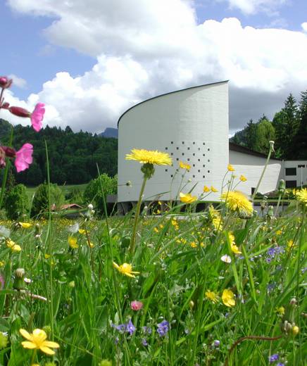 Blumen vor dem Passionsspielhaus Erl, Tirol