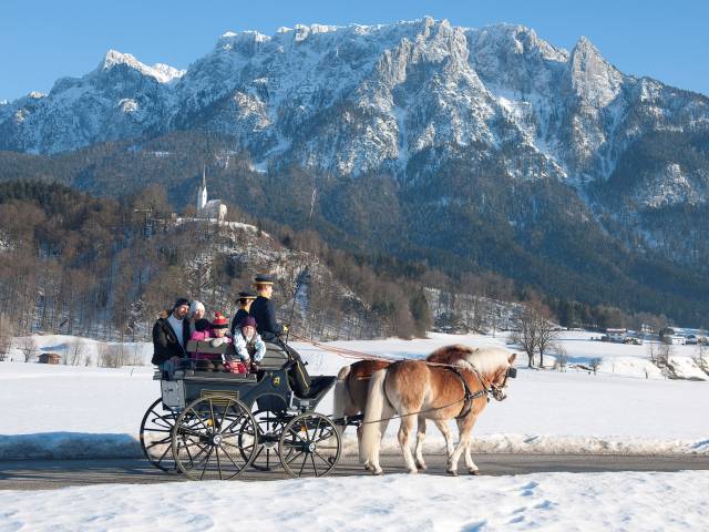 Pferdekutsche im Winter vor Alpenpanorama in Ebbs Tirol